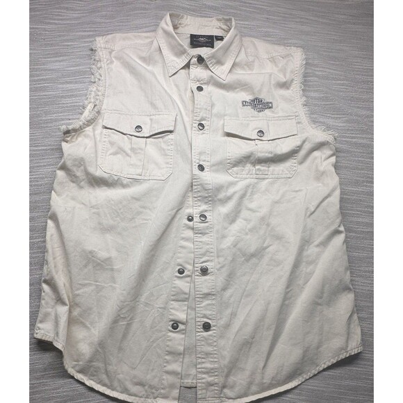 Harley-Davidson Men's Americana Sleeveless  Shirt Large Cream Snap Button Rare - Picture 1 of 7